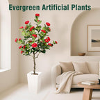Artificial Camellia Tree 5FT, Red Flower Tree in White Pot, Faux Outdoor Indoor Plant, Christmas,Potted Artificial Flower for Home Office Housewarming Porch Decor (61'' Height)