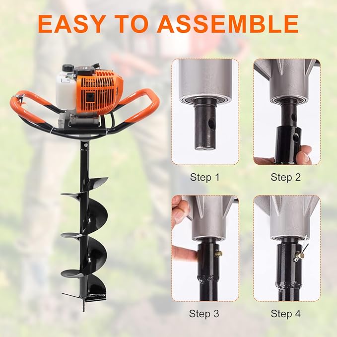 62CC Auger Post Hole Digger, 2 Stroke Gas Powered Earth Post Hole Digger with 3 Auger Drill Bits(4" & 6" & 12") + 2 Extension Rods for Farm Garden Plant, Orange (62cc+3 Auger(4"6"12")+2 Ext)