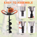62CC Auger Post Hole Digger, 2 Stroke Gas Powered Earth Post Hole Digger with 3 Auger Drill Bits(4" & 6" & 12") + 2 Extension Rods for Farm Garden Plant, Orange (62cc+3 Auger(4"6"12")+2 Ext)