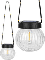 PARTPHONER Solar Lights Outdoor Waterproof 12-Pack, Solar Powered Hanging Lantern Ribbed Glass Hanging Globes for Yard Decor Christmas Decoration, Shepherd Hook, Garden Tree Ornaments, Clear