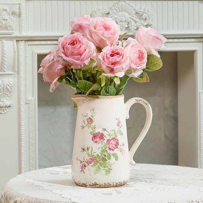 Retro Rustic Large Ceramic Vase with Handle, Distressed Farmhouse Pitcher for Home, Ideal Shelf Decor, Red Rose Floral Vase for Living Room Bedroom Office Table Centerpiece Decorations 9 Inch