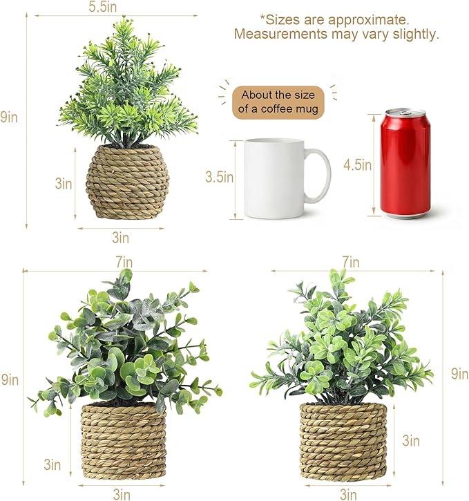 Small Fake Potted Plants: 9 Inches Artificial Plants with Seagrass Handwoven Planters, Indoor Farmhouse Decorations, Eucalyptus Plant for Home Bathroom Office Shelf Tabletop Desk Room Decor