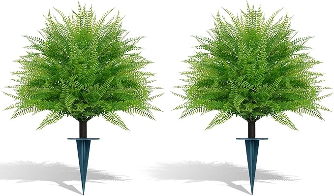 Artificial Ball Topiary Trees Set of 2, Fake Bushes with Ground Spike, Faux Evergreen for Porch Plants, UV Resistant Artificial Shrub for Outdoors Indoor Front Porch Garden