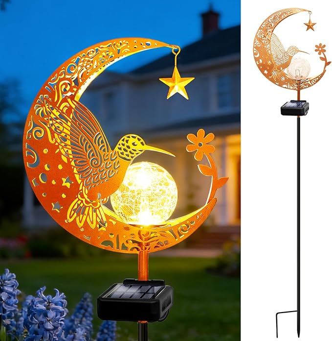 ZNYCYE Solar Garden Decor Outdoor Statue, Moon Fairy Garden Figurines with Hummingbird Design for Mom Women Grandma Solar Stake Lights for Patio, Yard, Lawn, Pathway (Warm White)