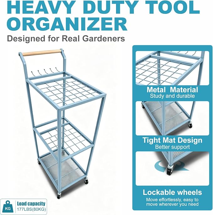 Garden Tool Organizer with Wheels Heavy Duty Yard Tool Organizer Rack with Side Storage Pockets Sturdy Metal Steel Holder with 6 Hooks for Garage, Yard, Patio, Shed