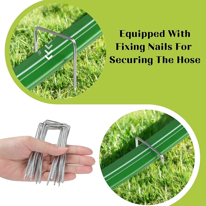 prinkler Soaker Hose for Yard 50 FT with Holes, Flat Garden Soaker Hose with Staples, Heavy Duty No-Kink Drip Hose Sprinkler Watering Drip Irrigation Hoses for Lawn Vegetable Garden Watering System