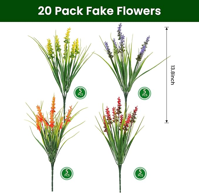20 Bundles Artificial Plants Outdoor, UV Resistant Fake Flowers, Realistic Faux Lavender Shrubs for Porch Garden Window Box Home Decoration (Yellow Lightpurple Red Orange)