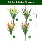 20 Bundles Artificial Plants Outdoor, UV Resistant Fake Flowers, Realistic Faux Lavender Shrubs for Porch Garden Window Box Home Decoration (Yellow Lightpurple Red Orange)