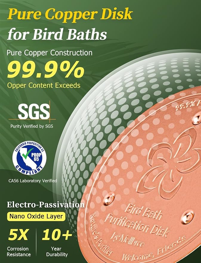 Mellbree 2-Pack Bird Bath Copper Disc, 0.6mm Flower-Style Reinforced 99.99% Pure Copper Disk for Physical Safe Clean Water, Universal Compatible with Outdoor Birdbaths, Bowl (Flower)