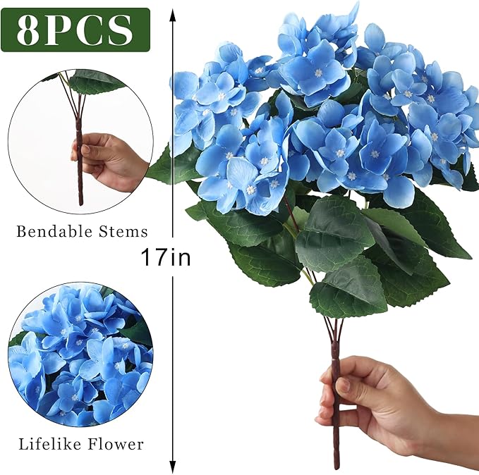 FOTEEWL 8 Bundles Artificial Hydrangea Flowers for Outdoor Decor, Realistic Faux Silk Bouquets Sun-Resistant Fake Plants for Front Door Balcony Farmhouse Garden Home Spring Summer Decor (Blue)