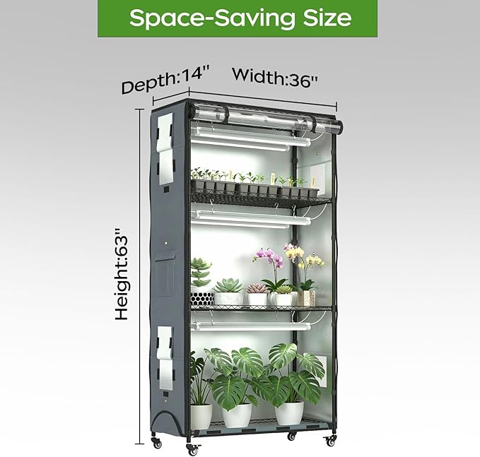 Indoor Greenhouse with 6 Pack 3-Color Grow Light, 36" Wx 14" D x 63" H with 600D Oxford Cloth Cover, 4-Tier Enclosed Plant Stand for Year-Round Indoor Gardening, Timer Plug & Hygrometer