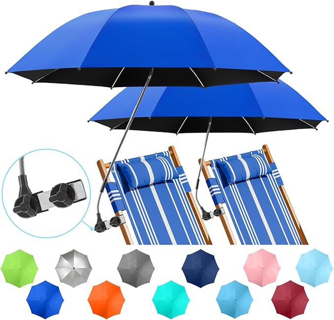 2 PACK Beach Umbrella with Clamp, 360 ° Adjustable Umbrellas for Chair, UPF50+ Umbrella for Beach Chair, Patio Chair, Wheelchair, Camping Chair, Golf Carts (Chair Not Included)