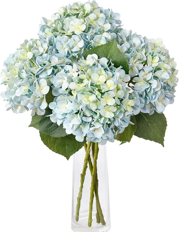 Leftover 4 Pcs Light Blue Hydrangea Artificial Flowers,21" Real Touch Faux Hydrangea Flowers and 3 PCS Butterflies for Hydrangea Decor,Floral Arrangements for Centerpiece Table Decorations,Home Decor