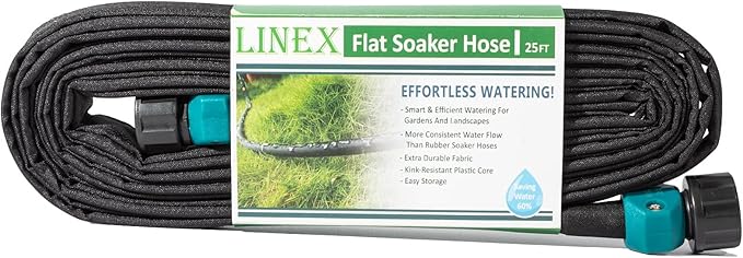 LINEX Garden Flat Soaker Hose 1/2" x 25 ft for Garden Beds Drip Sprinkler Hoses Heavy Duty Save Water 80%