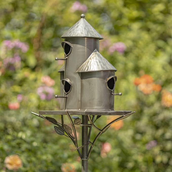 Zaer Ltd. Large Silver Colored Multi-Birdhouse Stakes, Room for 4 Bird Families in Each (Plump Triple Cylinder Homes (Silver Color))