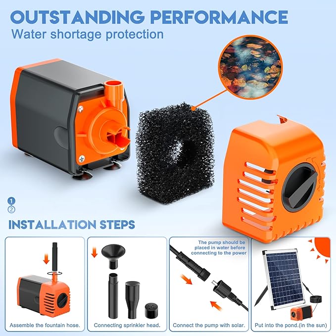 Antfraer 25W Solar Pond Pump, Solar Water Fountain Pump with 320GPH Adjustable Flow, Solar Water Pump with 7 Nozzles, 6.6ft Tubing, Dry Run Protection for Garden, Ponds, Waterfall, Fountain
