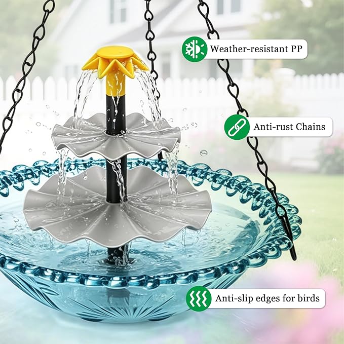 Solar Hanging Bird Bath Fountain - Upgraded 3-Tier Hanging Birdbath, Bird Baths for Garden Patio Yard Decor, Blue Outdoor Humming Birds Cascade Baths Fountains