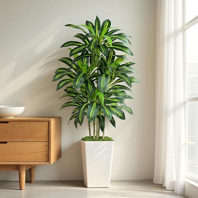 5FT Artificial Dracaena Tree - High-Density Foliage Fake Plant with White Tall Planter - Faux Yucca Floor Plant for Home Office Decor Indoor