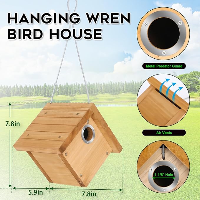 Wren Bird House for Outside, Hanging Wood Nesting Box for House Wrens & Carolina Wrens, 1-1/8" Entrance Hole, Air Vents & Clean-Out Door, Weather-Resistant Birdhouse for Backyard Bird Watching 1 Pack
