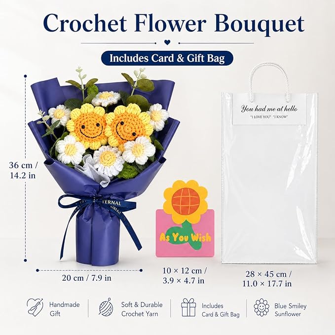 Crochet Flower Bouquet Handmade Knitted Sunflower Artificial Bouquet Positive Crocheted Sunflowers Bouquet with Exquisite Wrap for Valentine Mother's Day Graduation Anniversary