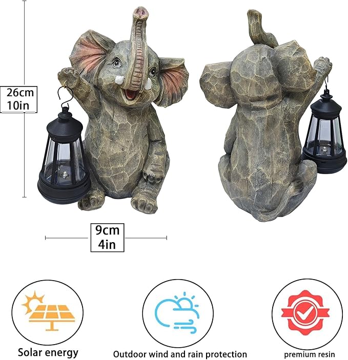 Solar Garden Statue Outdoor Elephant Decor Lights, Figurine with Solar Lantern, Yard Decorations for Patio Porch Home, Christmas Elephant Gifts for Women - Unique Housewarming Gifts
