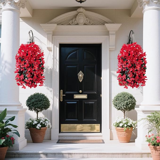 Artificial Flowers for Outdoors Fake Red Bougainvillea Hanging Flower Decoration, 2Pcs Realistic Faux Silk Plants Long Trailing Vines, Spring Decor for Porch Patio Balcony Planter Yard