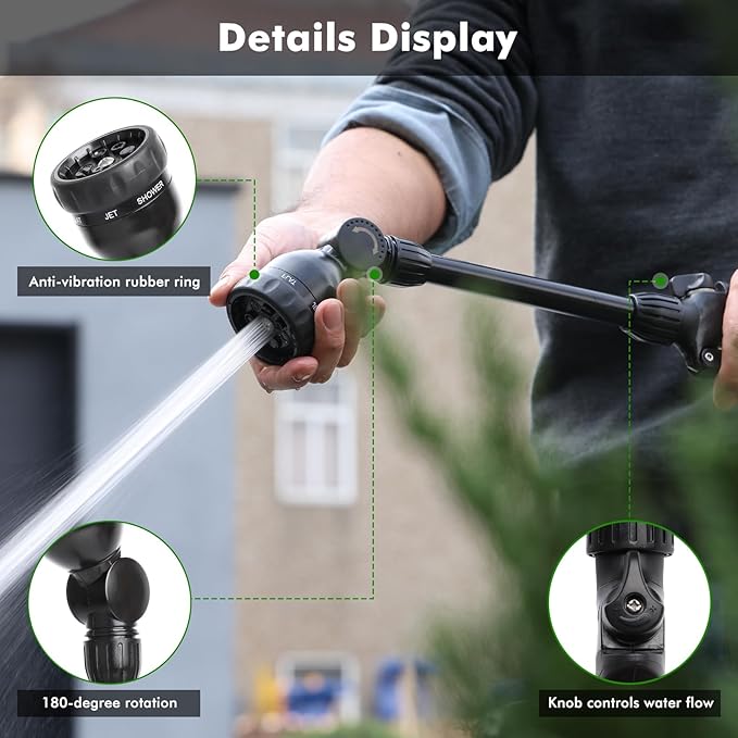 RESTMO Metal Watering Wand, Heavy Duty Garden Hose Wand with 180° Swivel Head, 16'' Hose Nozzle Sprayer with 7 Spray Patterns and Flow Control, for Water Hanging Baskets and Shrubs, Flash Black