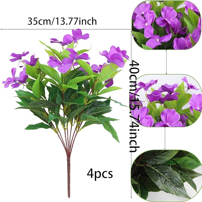 CITYES 4 Pcs Artificial Flowers Outdoor Impatiens UV Resistant Silk Impatiens Flowers Purple Faux Flowers Impatiens Bushes Artificial Impatiens for Pot Patio Lawn Garden Hanging Basket Porch Decor