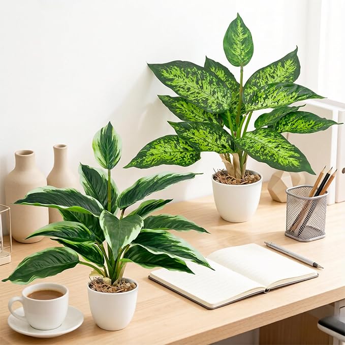 2 Pack Artificial Potted Plants, 16" Fake Plants Indoor in White Pots for Home Bathroom, Office Desk, Shelf - Realistic Faux Greenery Desk Plants for Living Room, Kitchen, Farmhouse Decor