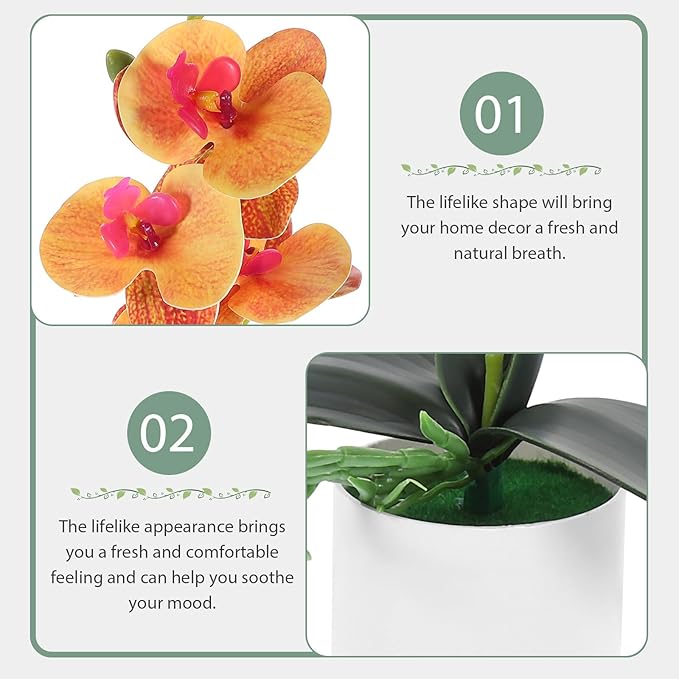 VILLCASE Artificial Orchid Potted Plant Faux Orchid Simulation Flower Orange Desktop Fake Potted Plant Home Office Table Décor Kitchen Living Room