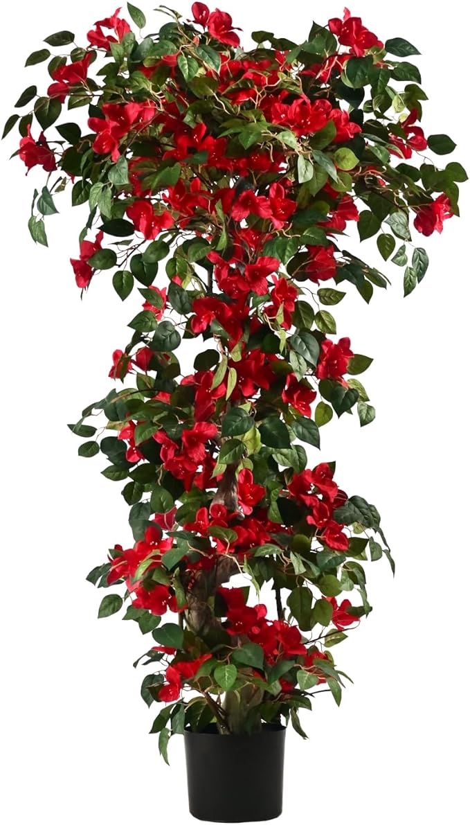 Artificial Bougainvillea Tree -5FT Faux Bougainvillea Tree with Realistic Flowers, Tall Fake Flower Tree for Indoor or Outdoor Decor, Silk Floral Plant for Living Room, Porch, Garden (Red)