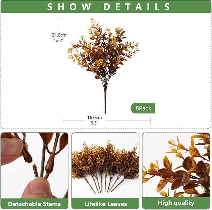 8pack Fall Fake Fern Plants Faux Boston Ferns UV Resistant Greenery for Outdoor Front Porch Artificial Ferns Stems for Indoor Home Porch Garden Window Box Autumn Decor