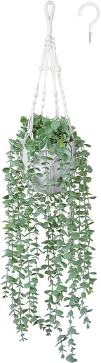 DREAMLOOM Fake Hanging Plants with Pot, Artificial Eucalyptus Hanging Plants with Macrame Hanger for Indoor Decor, Fake Hanging Vines Faux Greenery for Home Kitchen Office
