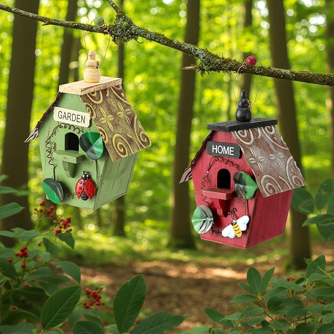 DoubleFill 2 Pcs Birdhouses for Outdoor Hanging Yard Outside Wooden Birdhouse Hand Painted Bird Box for Bird Lovers Bluebird Tree Garden Decor Decorative Birdhouse(Red,Green,Iron Roof)