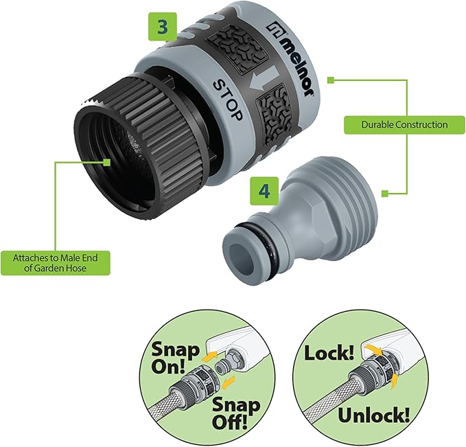 Melnor 65180AMZ 3 Piece Quick Connect Starter Set Connector Bundle, Product Adapter, Product End Connector, Black, Grey