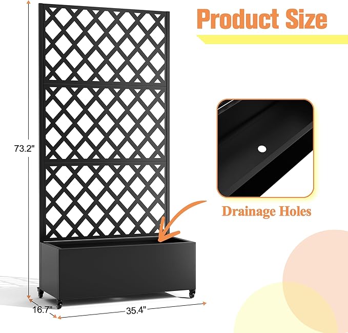 Metal Raised Garden Bed with Diamond Lattice Trellis, Outdoor Planter Box for Climbing Plants Vegetables Vines, Galvanized Garden Box with Drainage Holes and Wheels, Black (35.4"L x 16.7"W x 73.2"H)