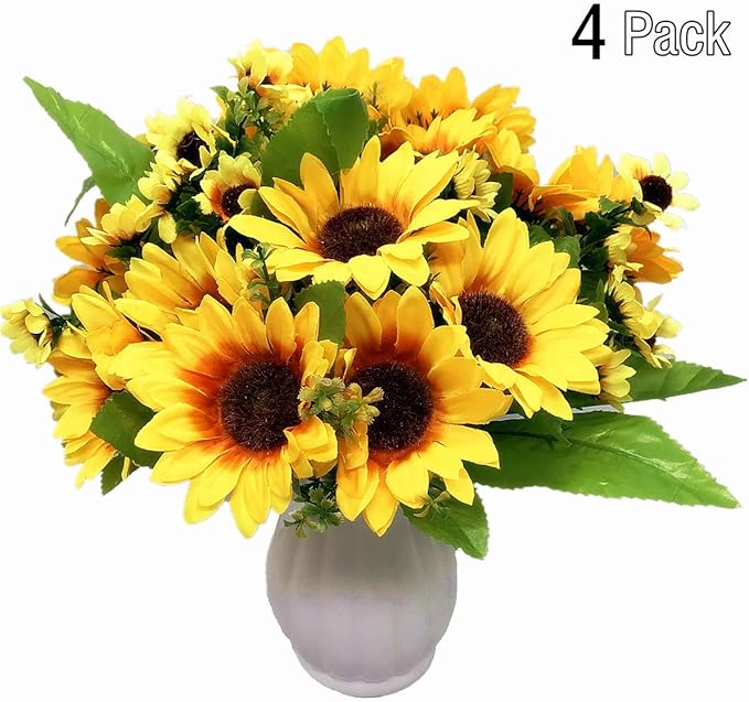 PASYOU Artificial Sunflower Plastic Fake Flowers Sunflowers for Indoor Outdoor Wedding Bridal Bouquet Home Garden Party DIY Wreath Table Arrangement Decoration Pot Planter Filler 4 pcs
