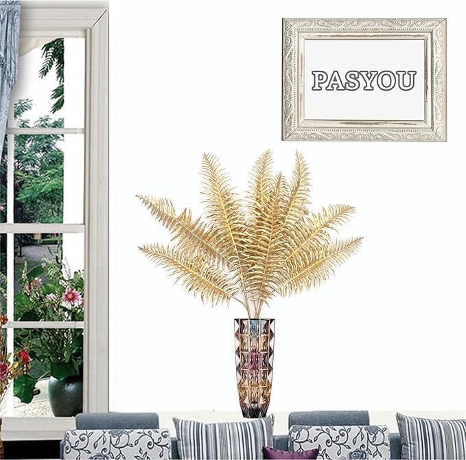 PASYOU Artificial Plants Christmas Decor, Gold Fake Flowers Shrubs Plastic Grass Leaves Indoor Outdoor Home Garden Party Hotel Verandah Wedding Event Faux DIY Decoration - 30 Inch Golden 2 Bunches