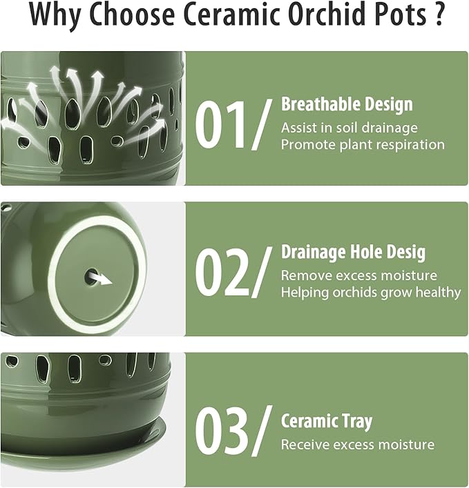 Orchid Pots with Holes, 5+6 Inch Ceramic Orchid Pot, Enhance Good Ventilation and Drainage, Flower Pots for Indoor/Outdoor Plants 2 Pack - Forest Green