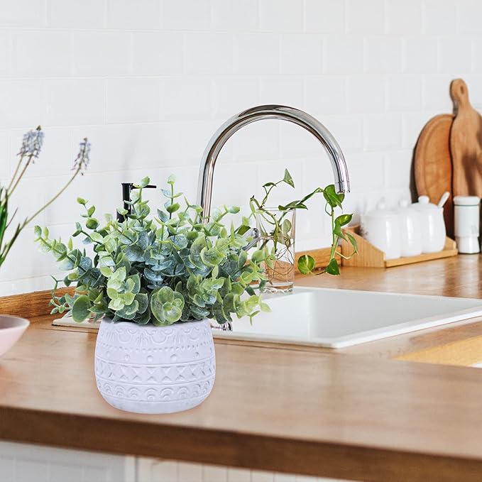Winlyn Set of 2 Small Artificial Potted Plants Faux Eucalyptus Plant in White Geometric Ceramic Pots Small Desk Potted Plants 7.1" Tall for Home Office Room Decorations Wedding Greenery Centerpiece