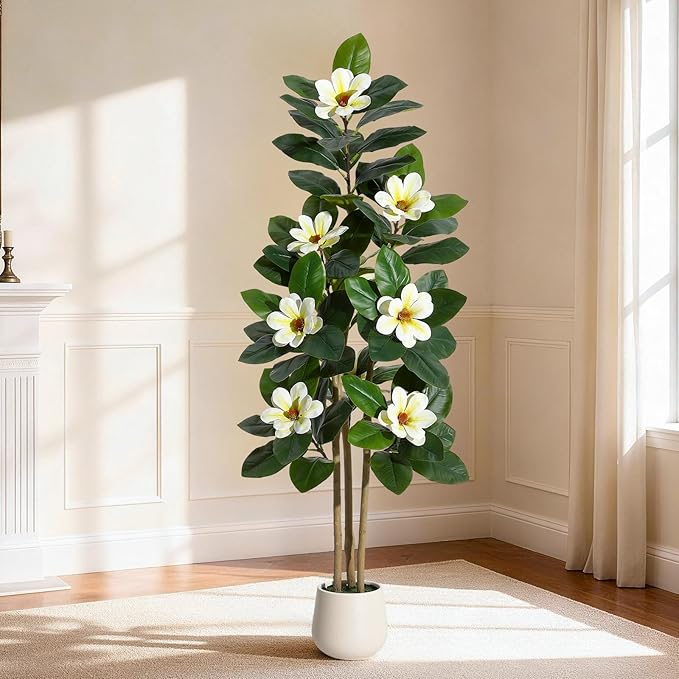 Fiddle Leaf Fig Tree 5FT Tall Artificial Plant, Large Fake Tree in White Planter, Faux Rubber Tree Fake Floor Plant with Magnolia Flowers - Artificial Tree for Home Office Living Room Decor, White