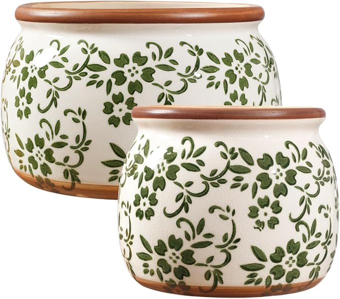 Vintage Ceramic Flower Pots - Indoor Outdoor Planters with Drainage Holes & Filter Screen, 6.5’’& 9’’ Rustic Farmhouse Decorative Plant Pots for Garden/Patio (Green Vines, Small to Large Bundle)
