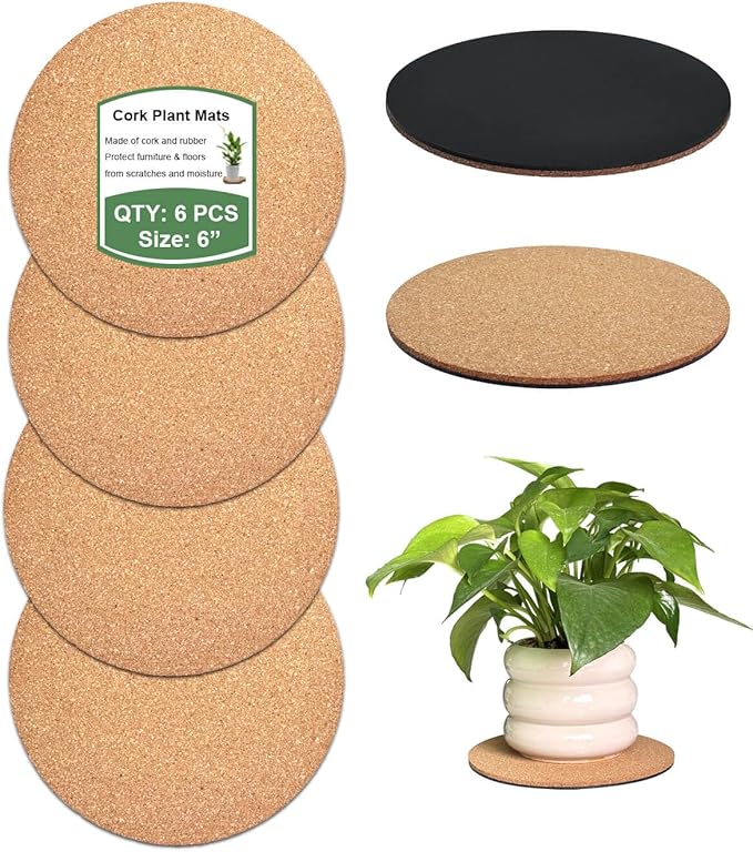 vensovo Cork Plant Coasters & Saucers 6 Inch– Absorbent Round Mats for Indoor Flower Pots, Planters, Houseplants, Surface Protector for Table & Floor, 6 Pack