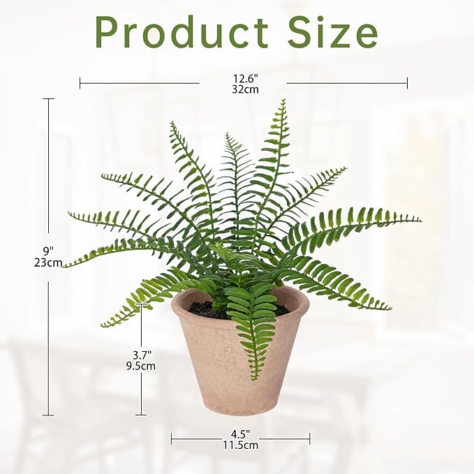 Artificial Boston Fern Potted Plant, 9" Small Fake Plants in Pot, Faux Fern Plant Greenery for Home Office Farmhouse Living Room Bathroom Kitchen Tabletop Desk Shelf Decoration