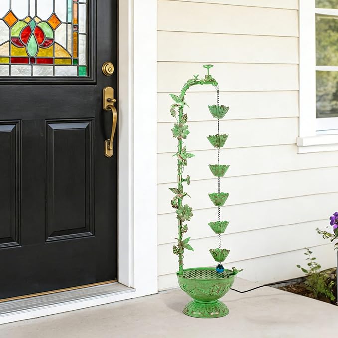 41" H Outdoor Tiered Water Fountain, Faucet-Shape Floor Standing Fountains with 6 Hanging Lotus Cups, Indoor Cascading Water Fountain Feature for Garden Yard Home Decor