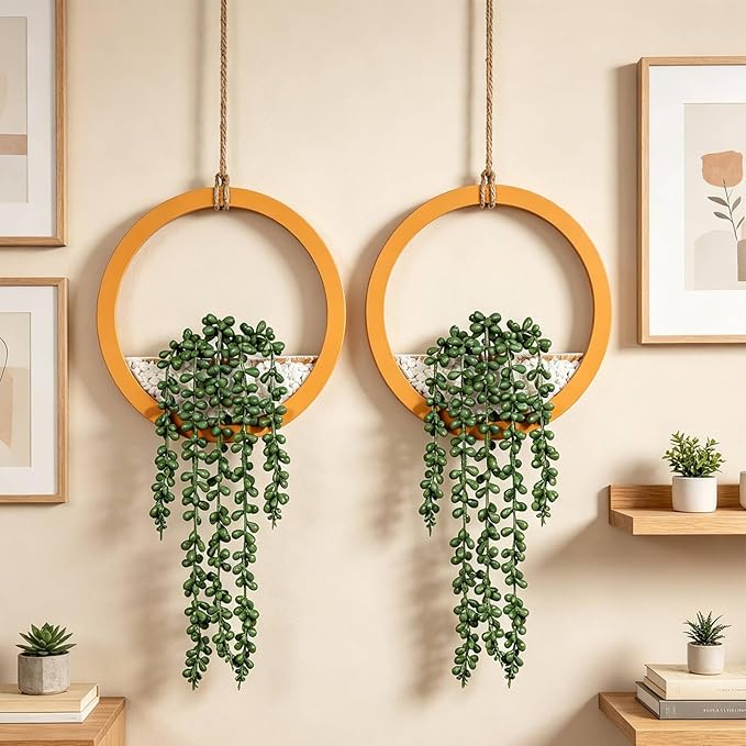 Boho Wall Decor, 2Pcs Fake Hanging Plants Artificial Succulents, Indoor Hanging Planter Greenery Decor, Perfect for Bathroom Living Room Bedroom Office Washroom, Faux Succulent Wall Floating Plants