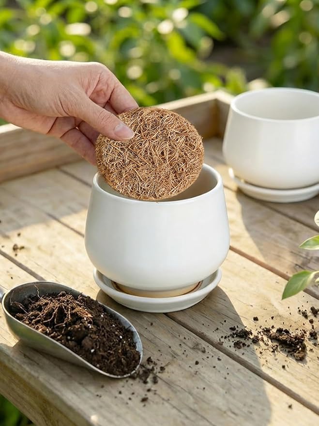 LE TAUCI Coconut Coir Drainage Mesh Pads for Flower Pots, Pre-Cut 4 Inch Pot Hole Covers to Prevent Soil Loss, Natural Coir Fiber Liners for Indoor & Outdoor Planters, 20 Pack