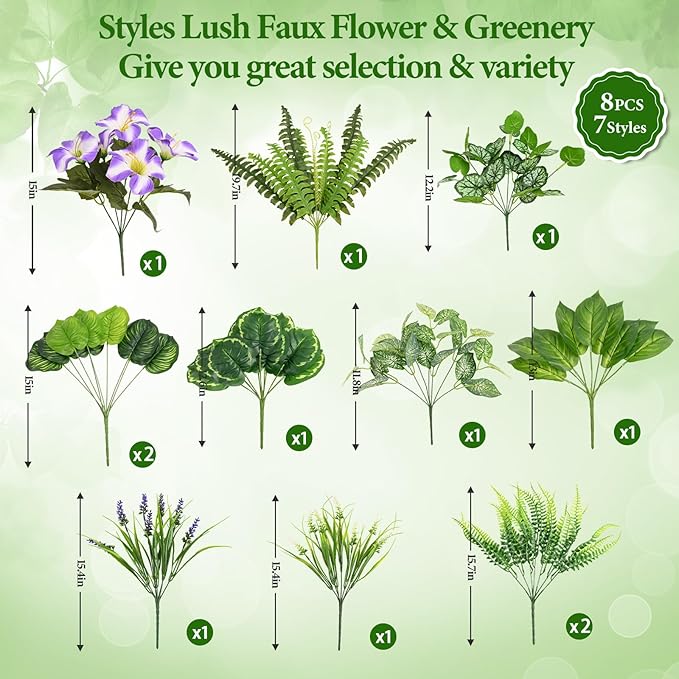 Livole 12 Pcs Artificial Plants Outdoor Faux Plants Fake Greenery Stems with Boston Fern Lavender Morning Glory UV Resistant Artificial Flowers for Outdoors Porch Patio Garden Spring Summer Home Decor