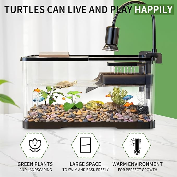 (Tank + Light +Pump + Filter Balls) Turtle Tank Kit, Turtle Tank Starter Kit,Bottom Drainage, Multi-Function Areas for Turtles, Crabs,Fishes, Amphibians,Reptiles. (15.75 x 8.64 x 8.64 Inch)