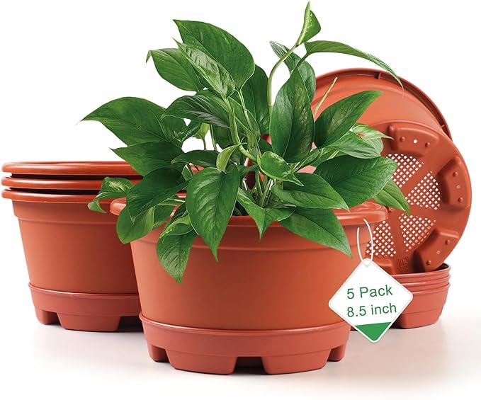 KPUVX 5 Pack 8.5 inch Plant Pot,Outdoor Flower Pots,Plastic Pots for Plants Indoor with Drainage Holes and Trays, Decorative Garden Containers Sets for Houseplants